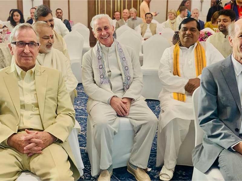 Brahmachari Girish Ji, Shri Ved Prakash Sharma, Shri Yateesh Saxena, Shri Ramdev and other members of MVM Schools Group have met Dr. Tony Nader (Maharajadhiraj Rajaram Ji) during assembly of 10000 Siddhas at Hyderabad and Brahmachari Ji presented him book Param Pujya Maharishi Mahesh Yogi Ji ki Chhatra Chhaya mein Brahmachari Girish, annual magazine of Maharishi Organisations in India Gyan 2024, Maha Media monthly magazine, Table and sheet calendar of year 2024. Dr. Nadar has expressed his joy meeting the group and receiving the publication.